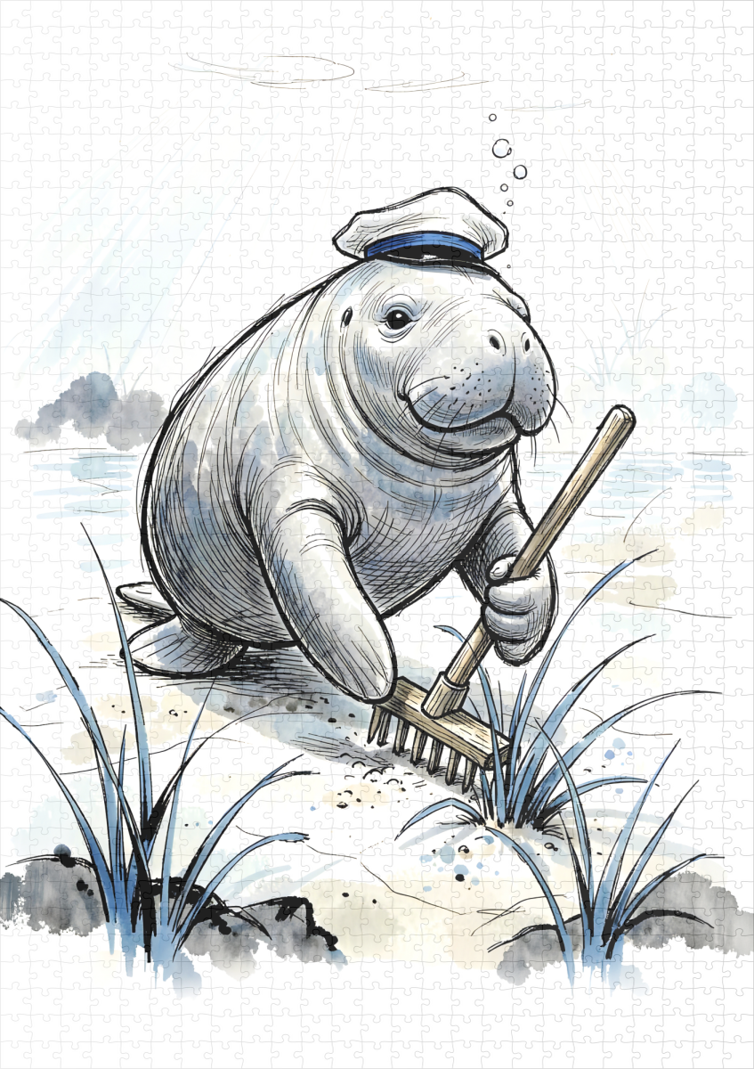 raxxa Premium-Puzzle: Manatee Gardening Coastal Meadow in Gentle Ink Illustration – Bild 2