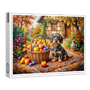 raxxa Premium-Puzzle: Dachshund Sitting Beside Fruit Basket Autumn Farmhouse