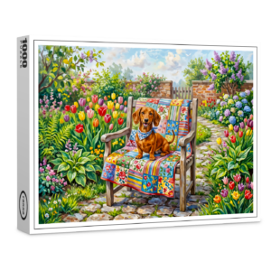 raxxa Premium-Puzzle: Dachshund Sitting on Patchwork Garden Chair Among Tulips