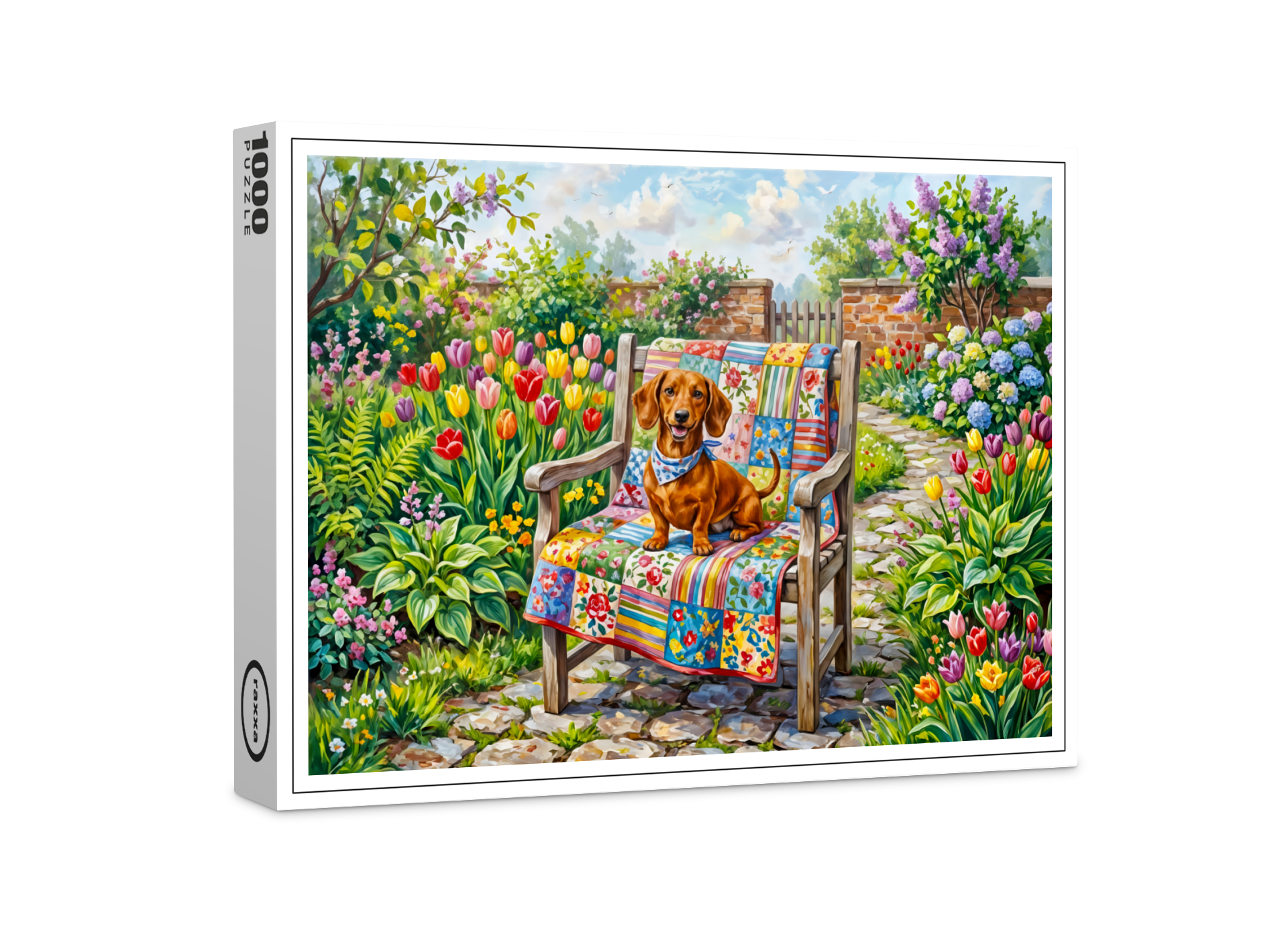 raxxa Premium-Puzzle: Dachshund Sitting on Patchwork Garden Chair Among Tulips