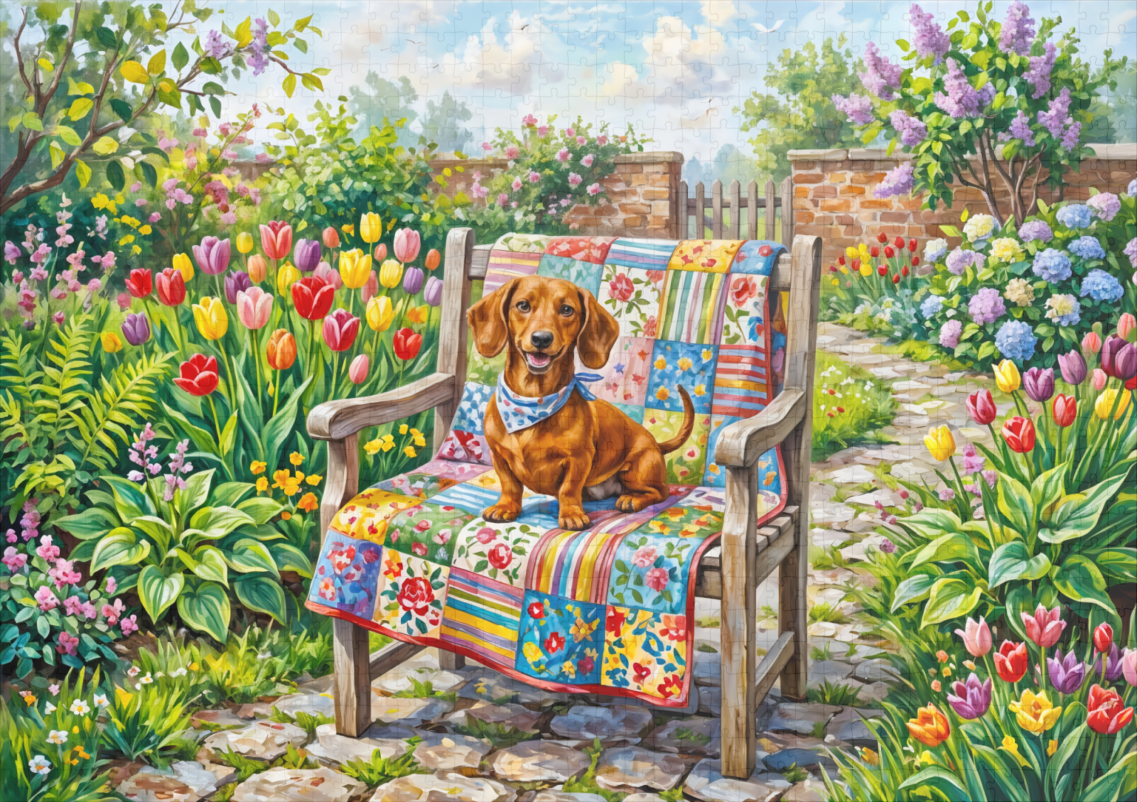 raxxa Premium-Puzzle: Dachshund Sitting on Patchwork Garden Chair Among Tulips - immagine 2