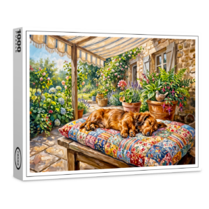 raxxa Premium-Puzzle: Dachshund Resting on Patchwork Garden Bench