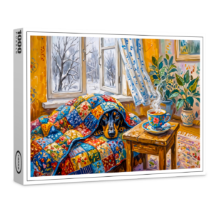 raxxa Premium-Puzzle: Cozy Dachshund Resting on Patchwork Winter Blanket