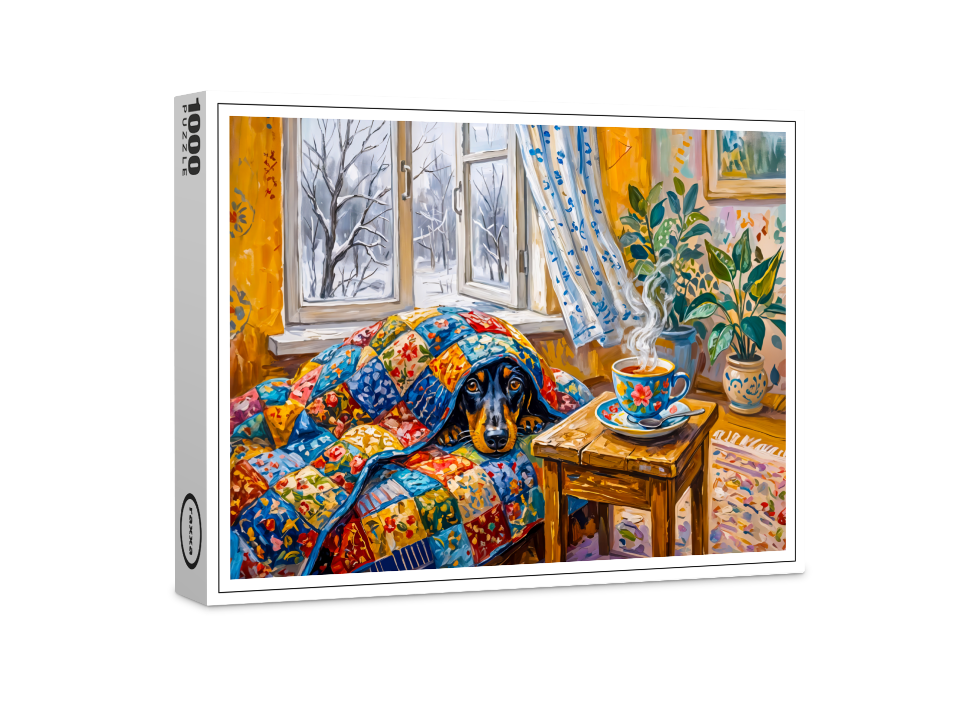 raxxa Premium-Puzzle: Cozy Dachshund Resting on Patchwork Winter Blanket