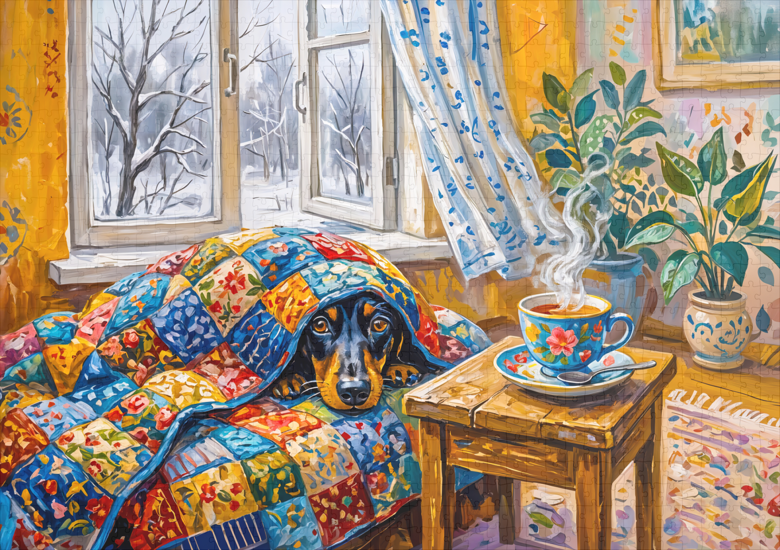 raxxa Premium-Puzzle: Cozy Dachshund Resting on Patchwork Winter Blanket - Imagen 2