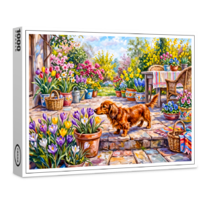 raxxa Premium-Puzzle: Dachshund Walking Through Colorful Blooming Spring Garden