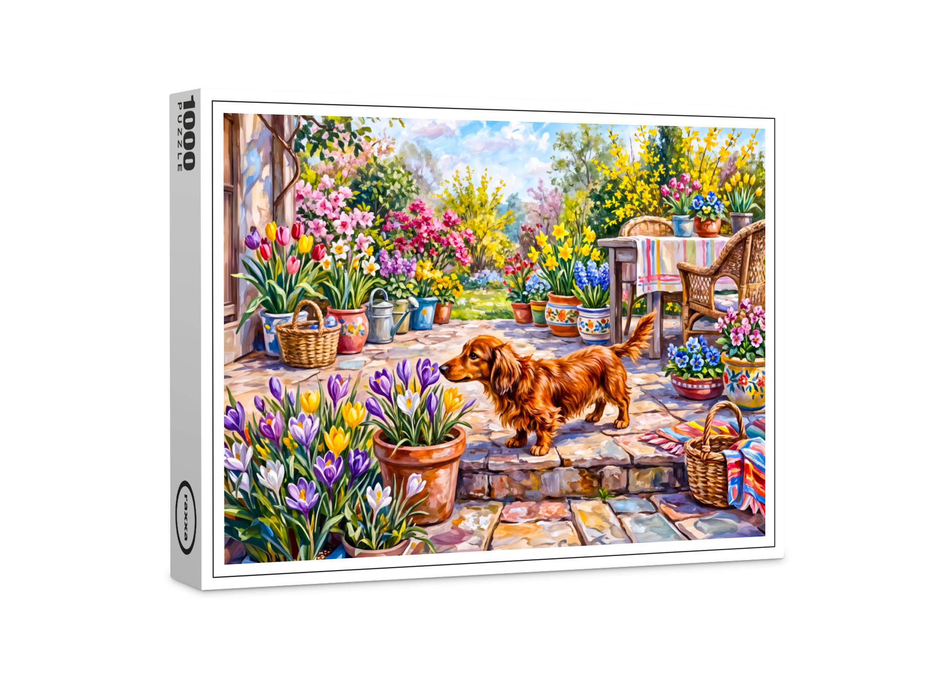 raxxa Premium-Puzzle: Dachshund Walking Through Colorful Blooming Spring Garden