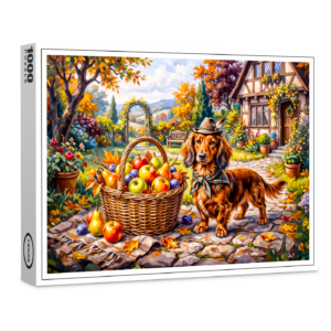 raxxa Premium-Puzzle: Dachshund Sitting Beside Apples Pumpkins Autumn Garden
