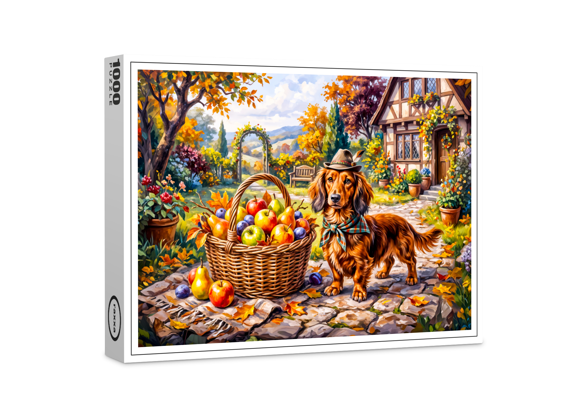 raxxa Premium-Puzzle: Dachshund Sitting Beside Apples Pumpkins Autumn Garden