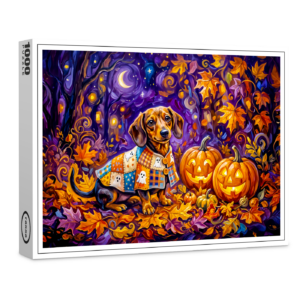 raxxa Premium-Puzzle: Dachshund Sitting Among Pumpkins Under Autumn Night Sky