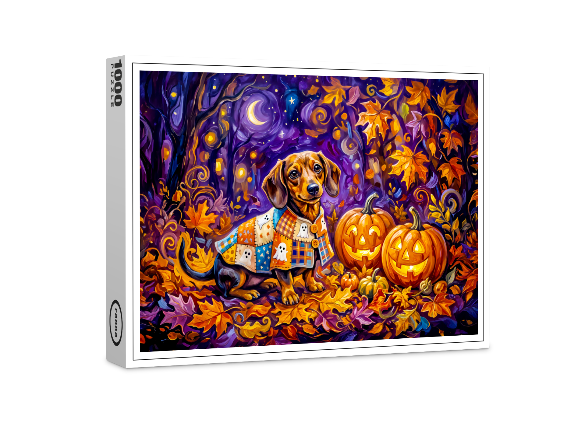 raxxa Premium-Puzzle: Dachshund Sitting Among Pumpkins Under Autumn Night Sky