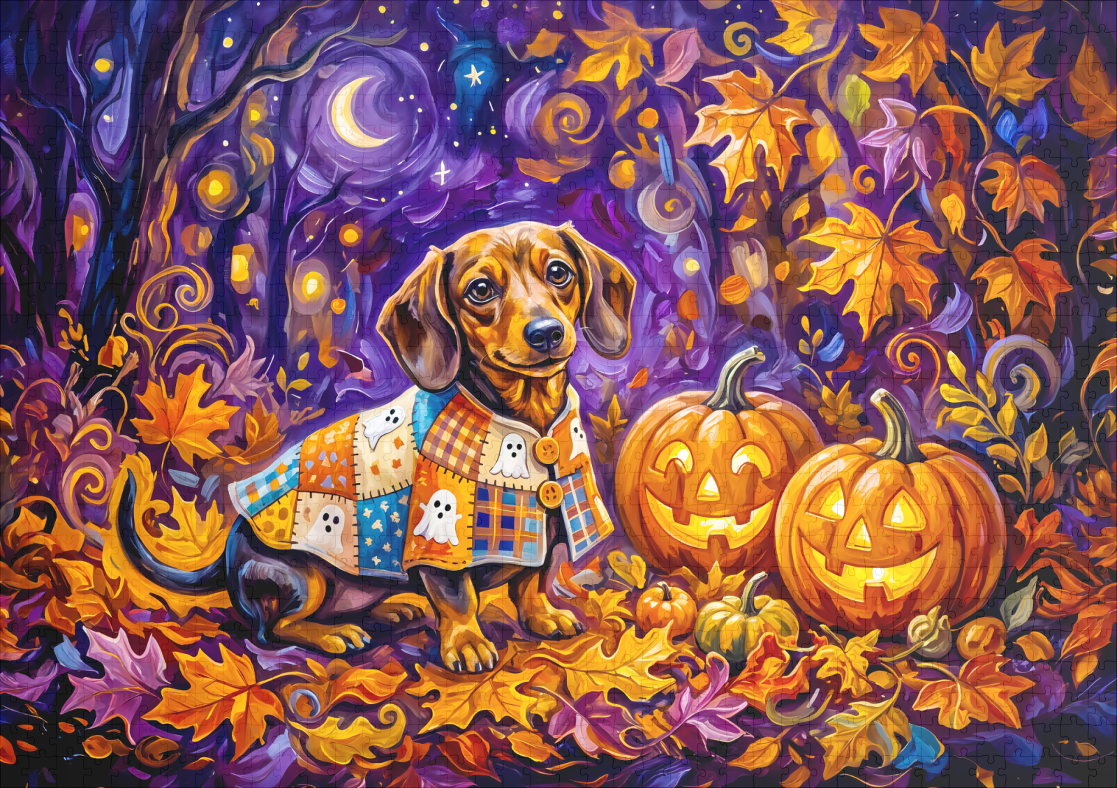 raxxa Premium-Puzzle: Dachshund Sitting Among Pumpkins Under Autumn Night Sky – Bild 2