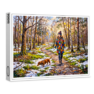 raxxa Premium-Puzzle: Dachshund Walking Along Sunlit Snowy Forest Path