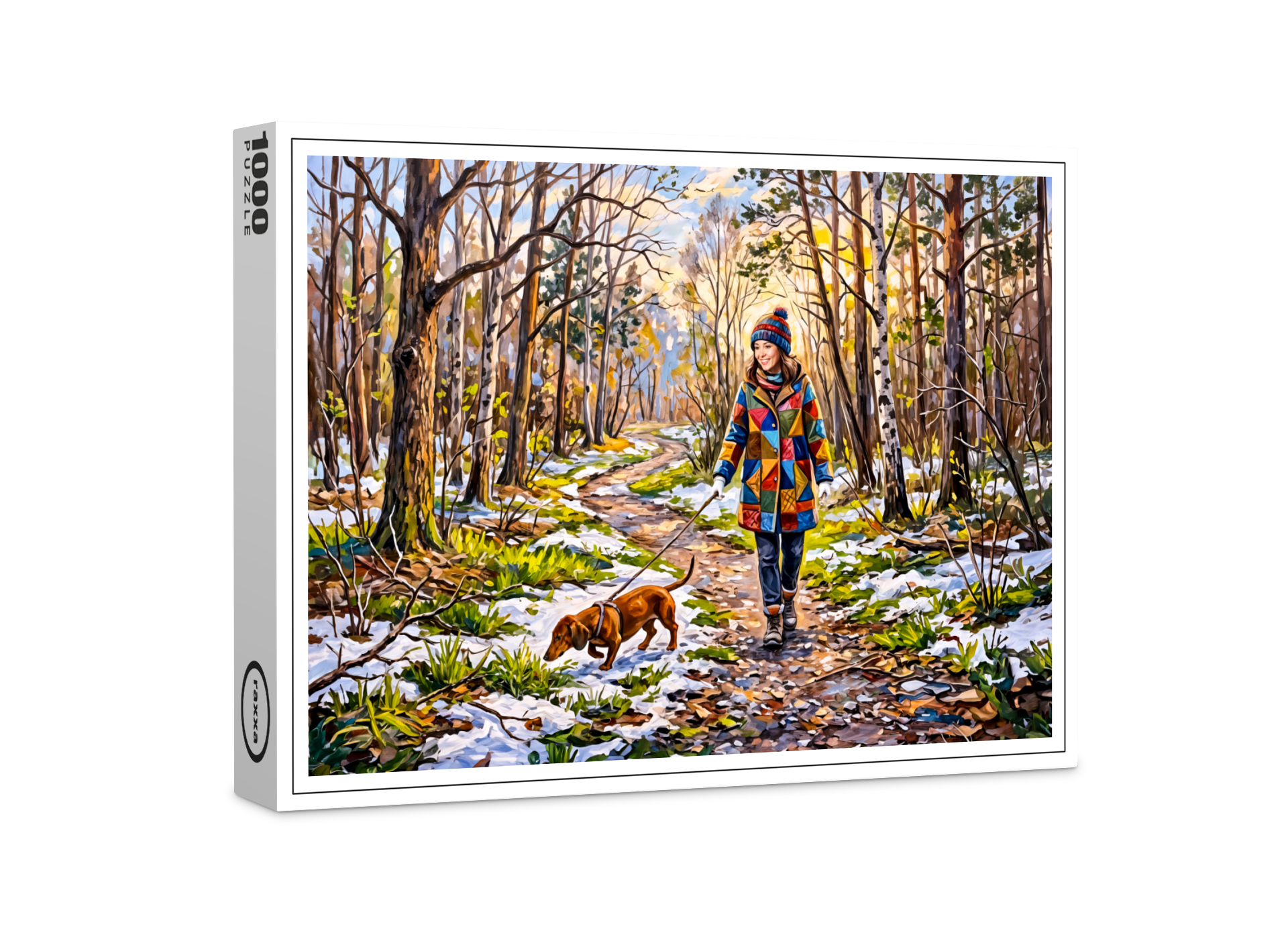 raxxa Premium-Puzzle: Dachshund Walking Along Sunlit Snowy Forest Path