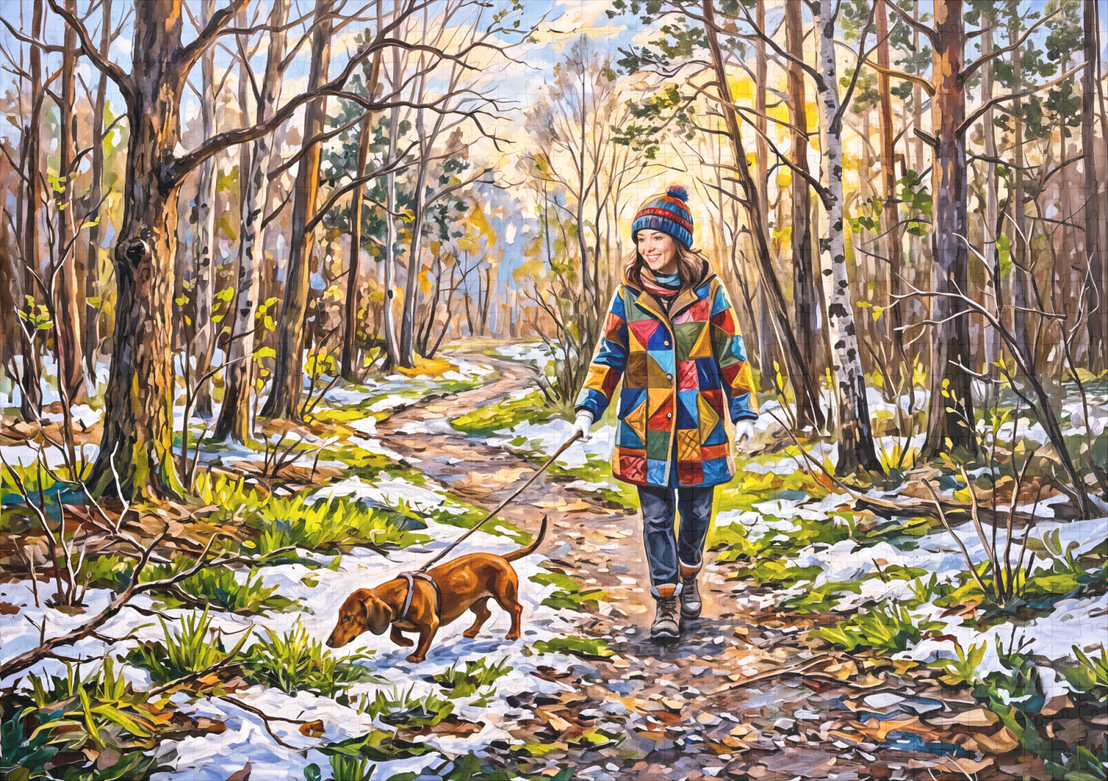 raxxa Premium-Puzzle: Dachshund Walking Along Sunlit Snowy Forest Path - immagine 2