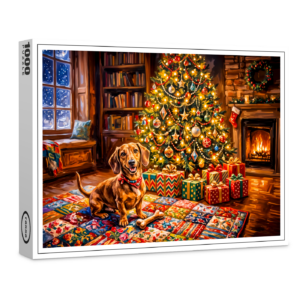 raxxa Premium-Puzzle: Dachshund Resting Beside Cozy Christmas Tree Fireplace