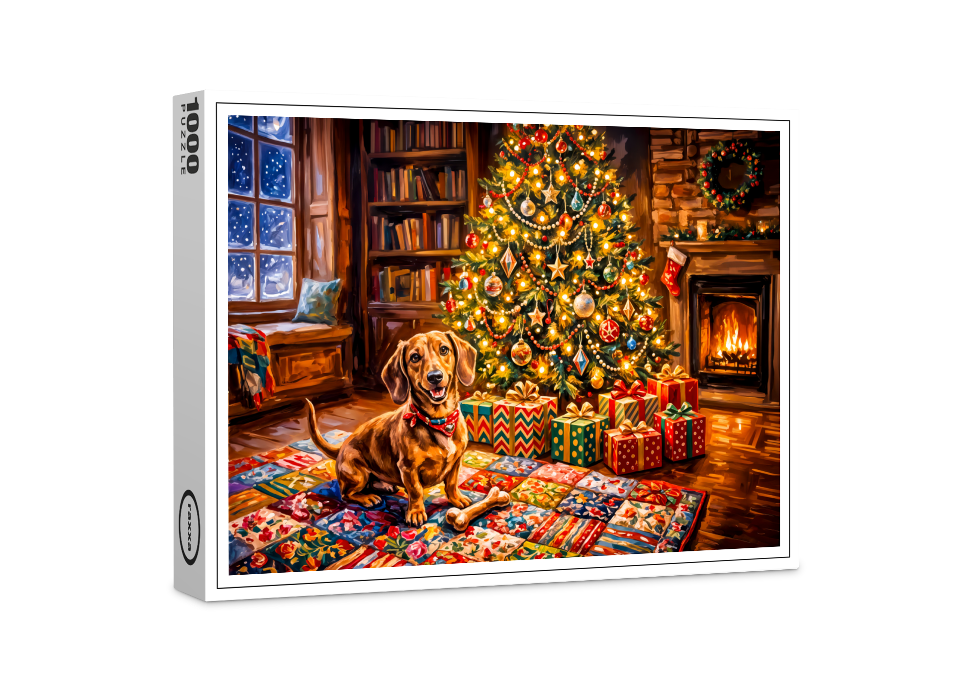 raxxa Premium-Puzzle: Dachshund Resting Beside Cozy Christmas Tree Fireplace