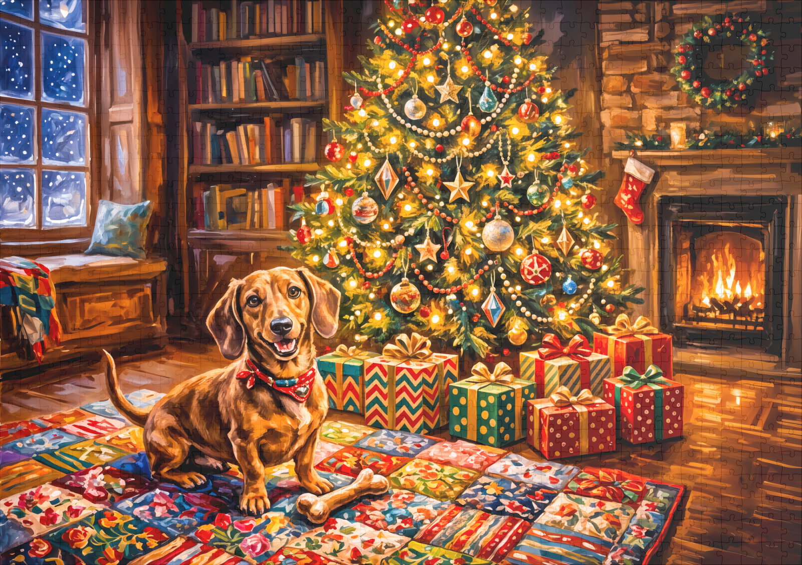 raxxa Premium-Puzzle: Dachshund Resting Beside Cozy Christmas Tree Fireplace – Image 2