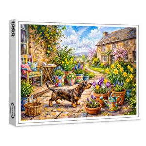 raxxa Premium-Puzzle: Dachshund Walking Through Colorful Flower Patio Garden