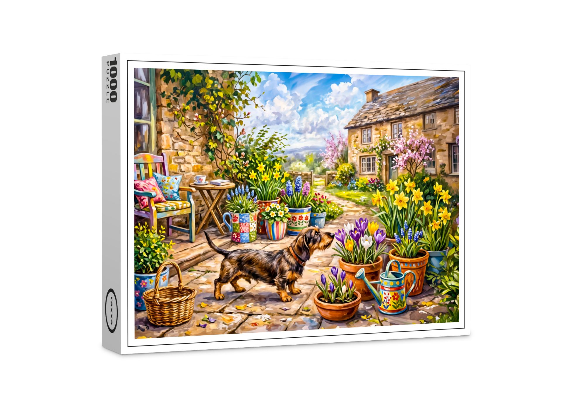 raxxa Premium-Puzzle: Dachshund Walking Through Colorful Flower Patio Garden
