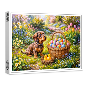 raxxa Premium-Puzzle: Dachshund Sitting with Easter Basket in Garden