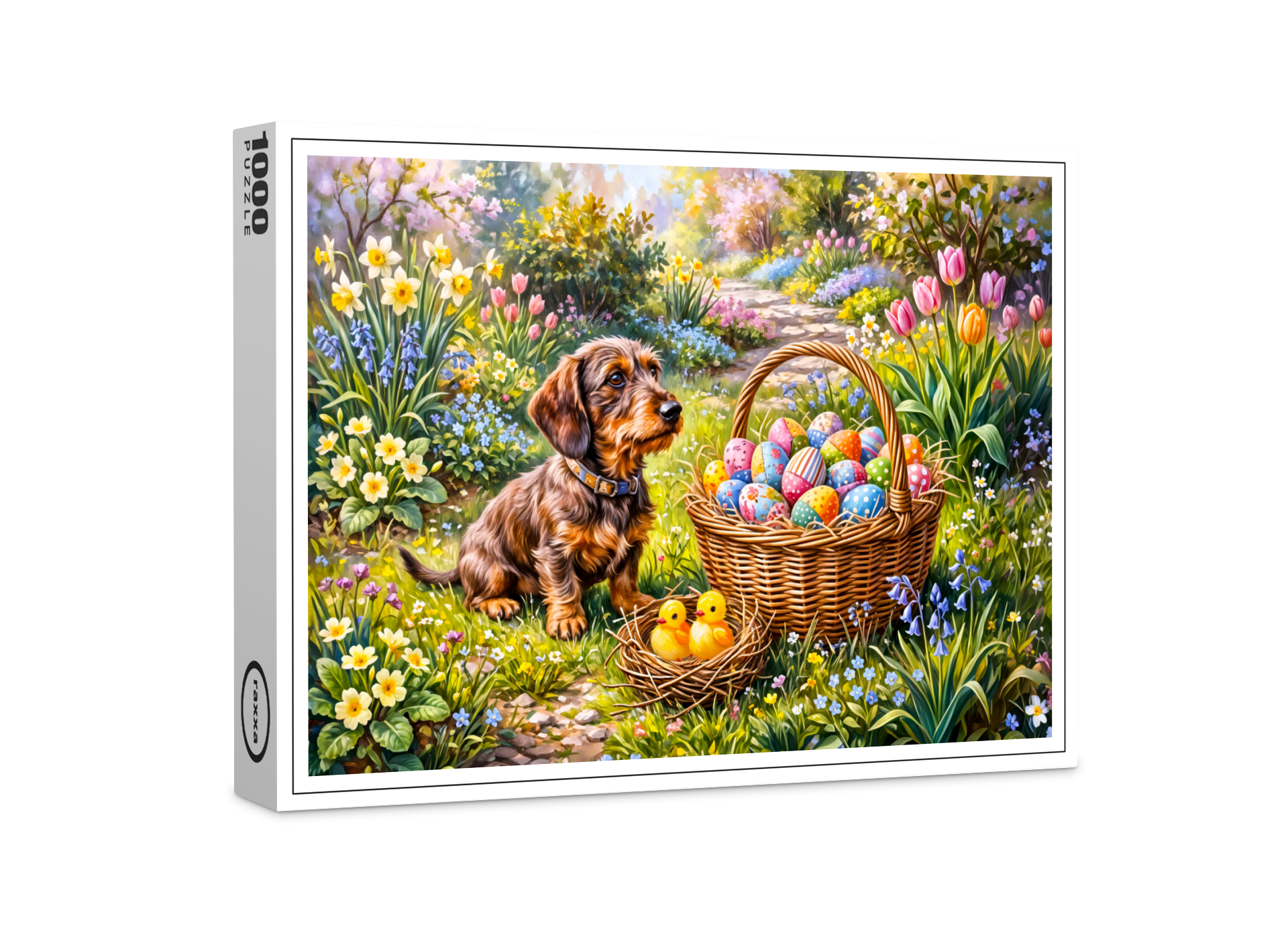raxxa Premium-Puzzle: Dachshund Sitting with Easter Basket in Garden