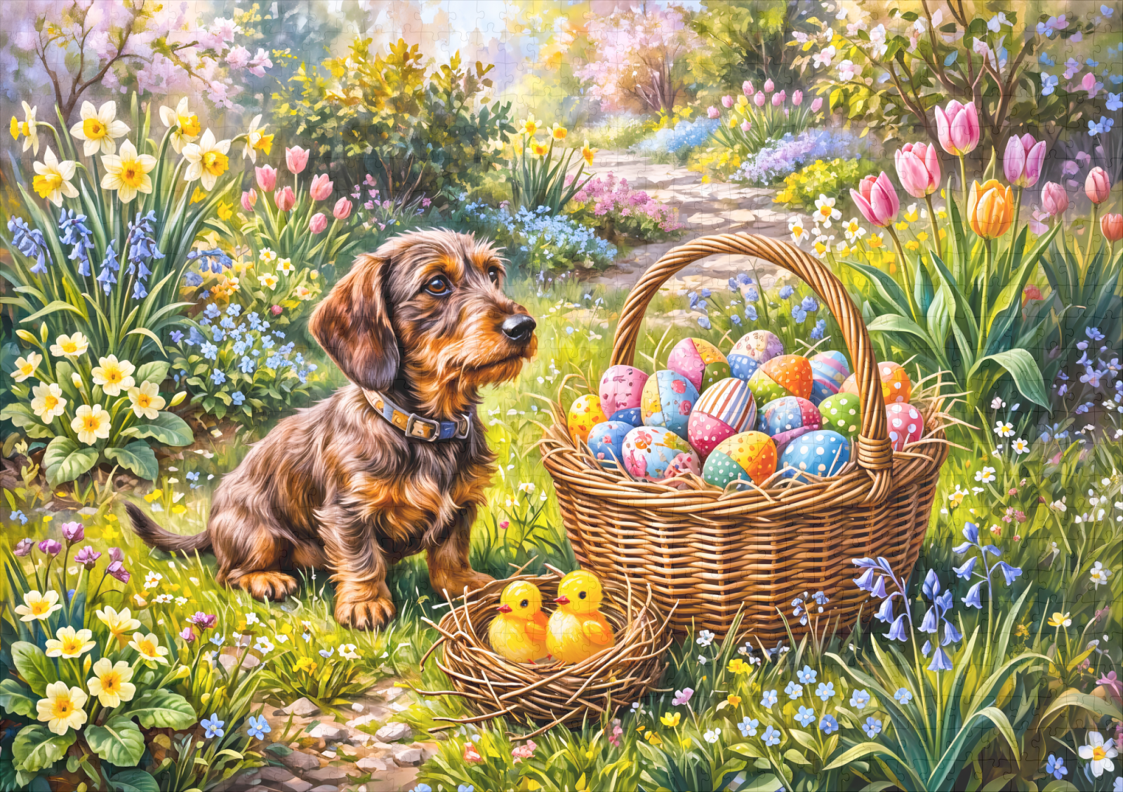 raxxa Premium-Puzzle: Dachshund Sitting with Easter Basket in Garden - Imagen 2