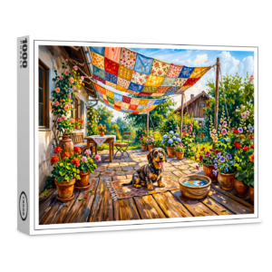 raxxa Premium-Puzzle: Dachshund Sitting Under Colorful Patchwork Garden Canopy