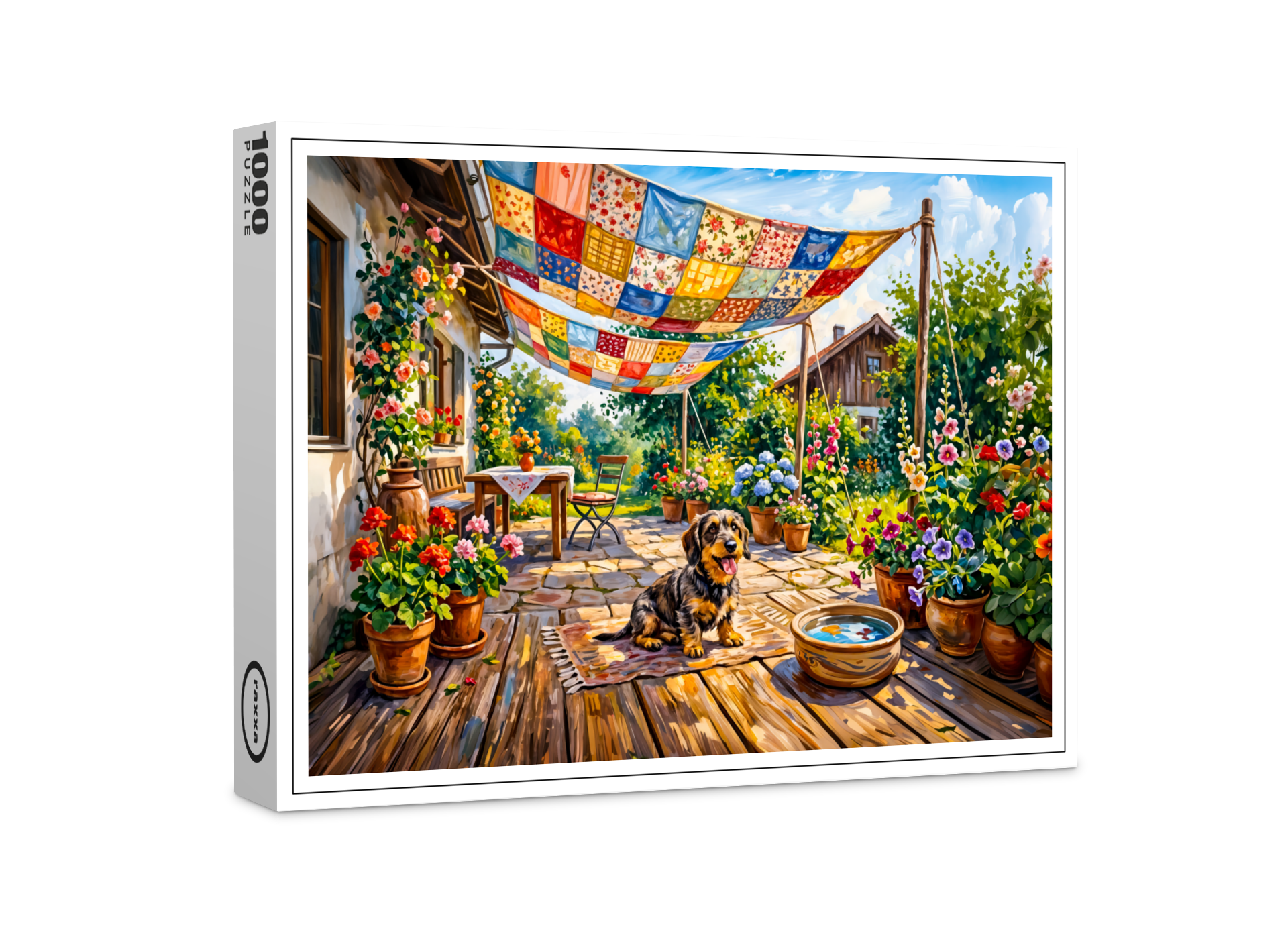 raxxa Premium-Puzzle: Dachshund Sitting Under Colorful Patchwork Garden Canopy