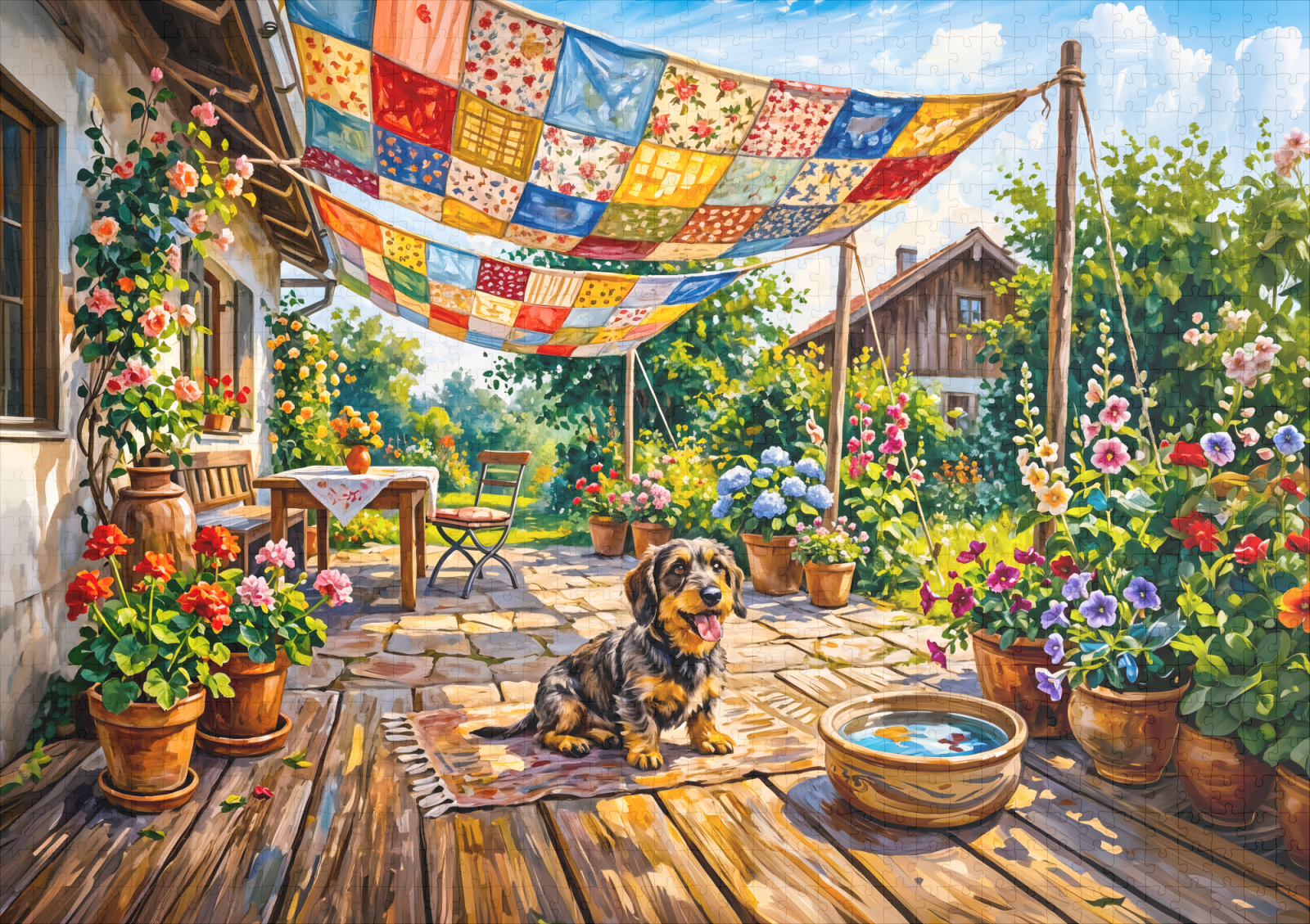 raxxa Premium-Puzzle: Dachshund Sitting Under Colorful Patchwork Garden Canopy – Bild 2