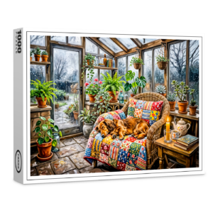 raxxa Premium-Puzzle: Dachshund Resting on Patchwork Chair Inside Greenhouse