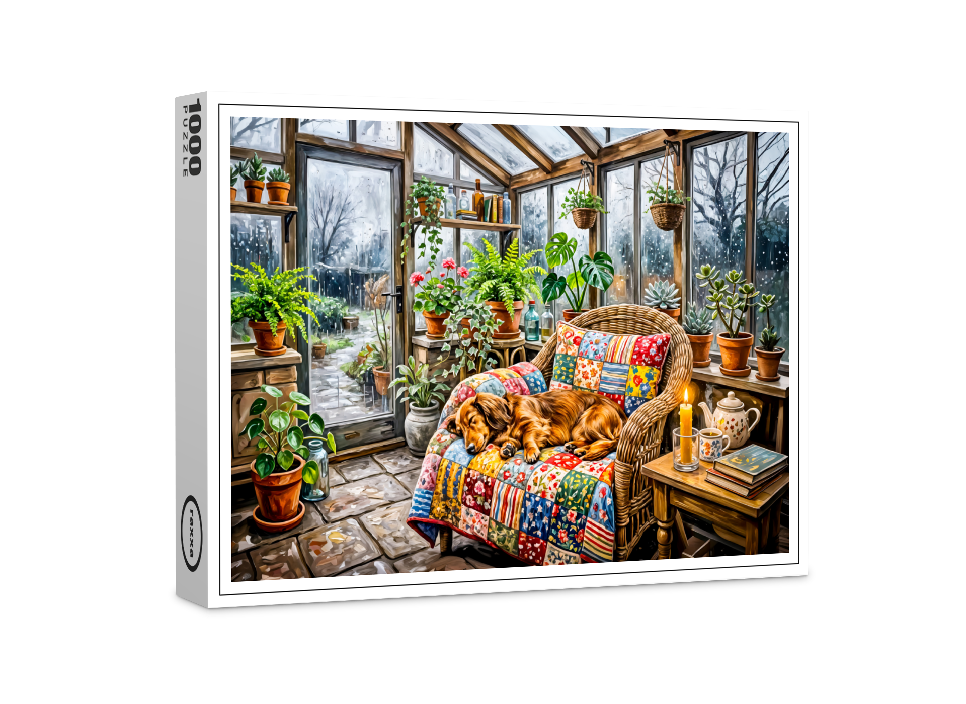 raxxa Premium-Puzzle: Dachshund Resting on Patchwork Chair Inside Greenhouse