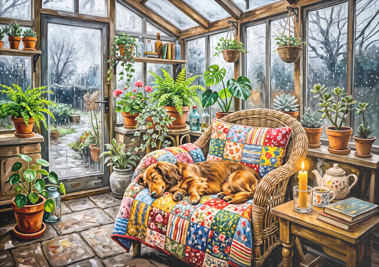 raxxa Premium-Puzzle: Dachshund Resting on Patchwork Chair Inside Greenhouse – Image 2