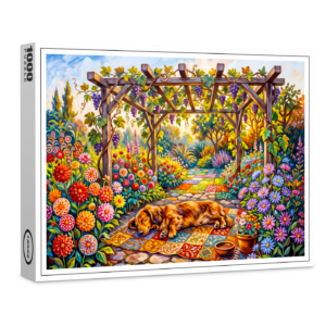 raxxa Premium-Puzzle: Dachshund Resting Under Floral Garden Pergola Path