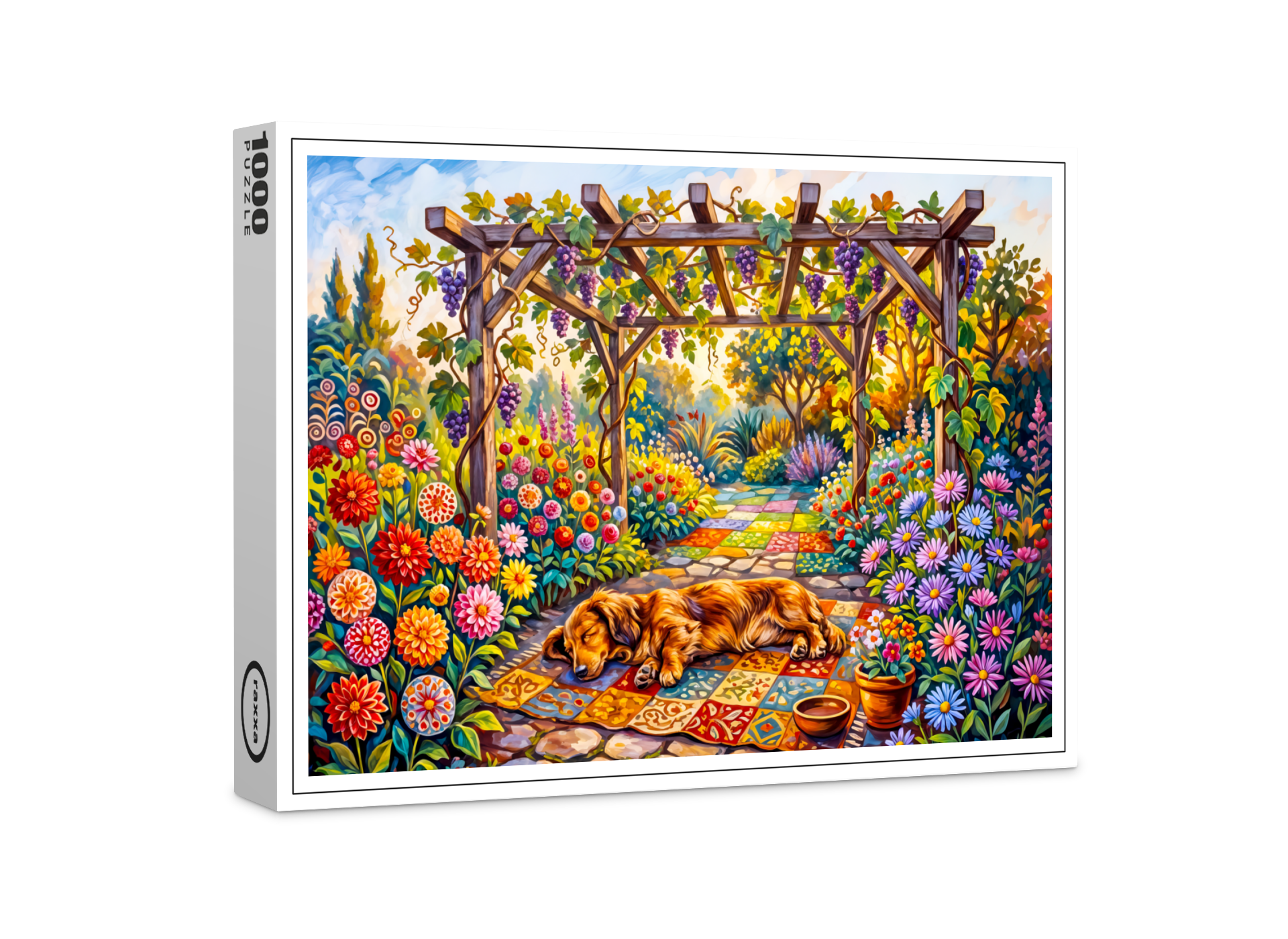 raxxa Premium-Puzzle: Dachshund Resting Under Floral Garden Pergola Path