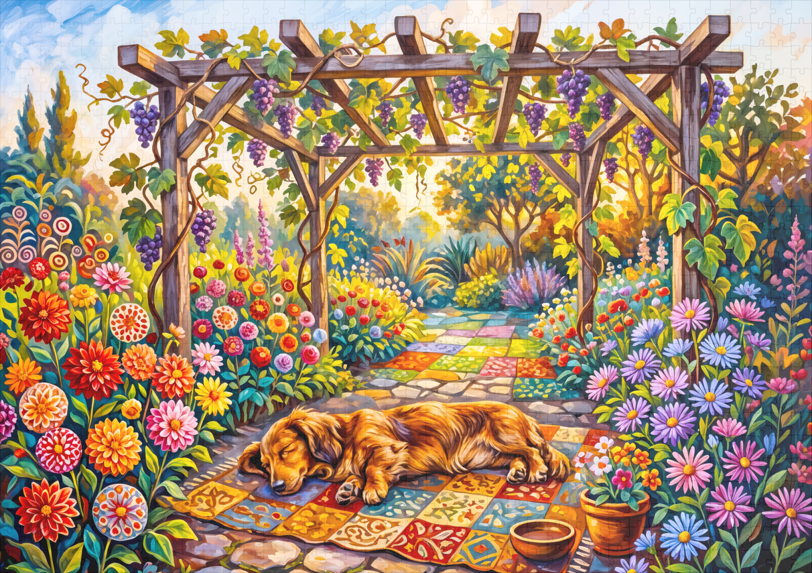 raxxa Premium-Puzzle: Dachshund Resting Under Floral Garden Pergola Path – Image 2