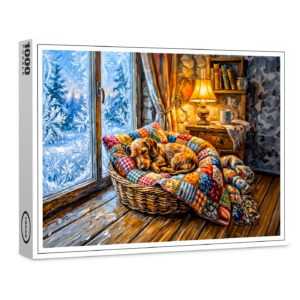 raxxa Premium-Puzzle: Dachshund Resting in Cozy Winter Window Basket