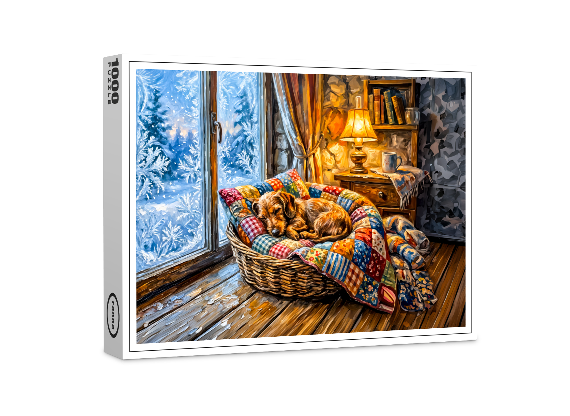 raxxa Premium-Puzzle: Dachshund Resting in Cozy Winter Window Basket