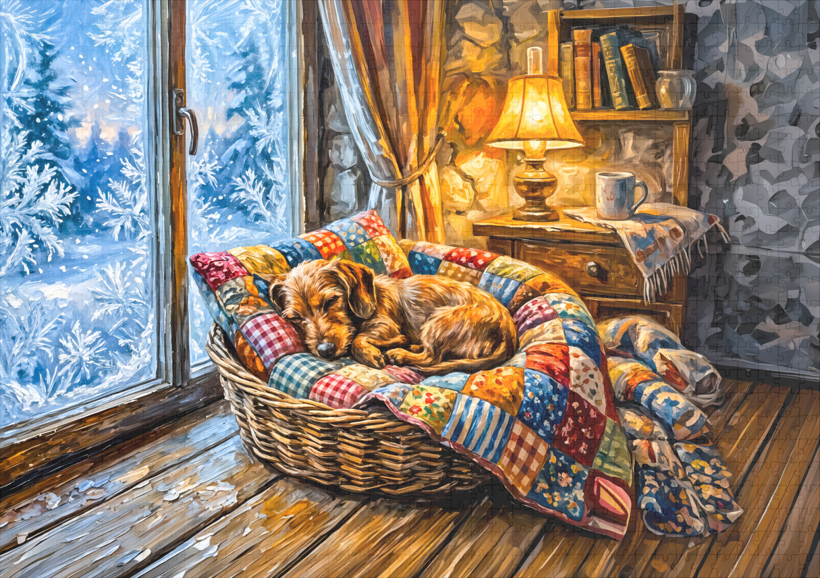 raxxa Premium-Puzzle: Dachshund Resting in Cozy Winter Window Basket - Image 2