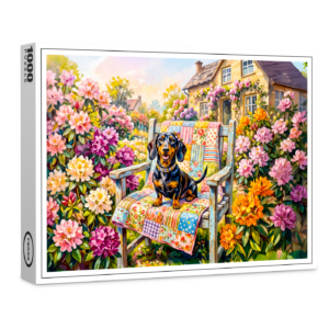 raxxa Premium-Puzzle: Dachshund Sitting on Floral Garden Bench Scene