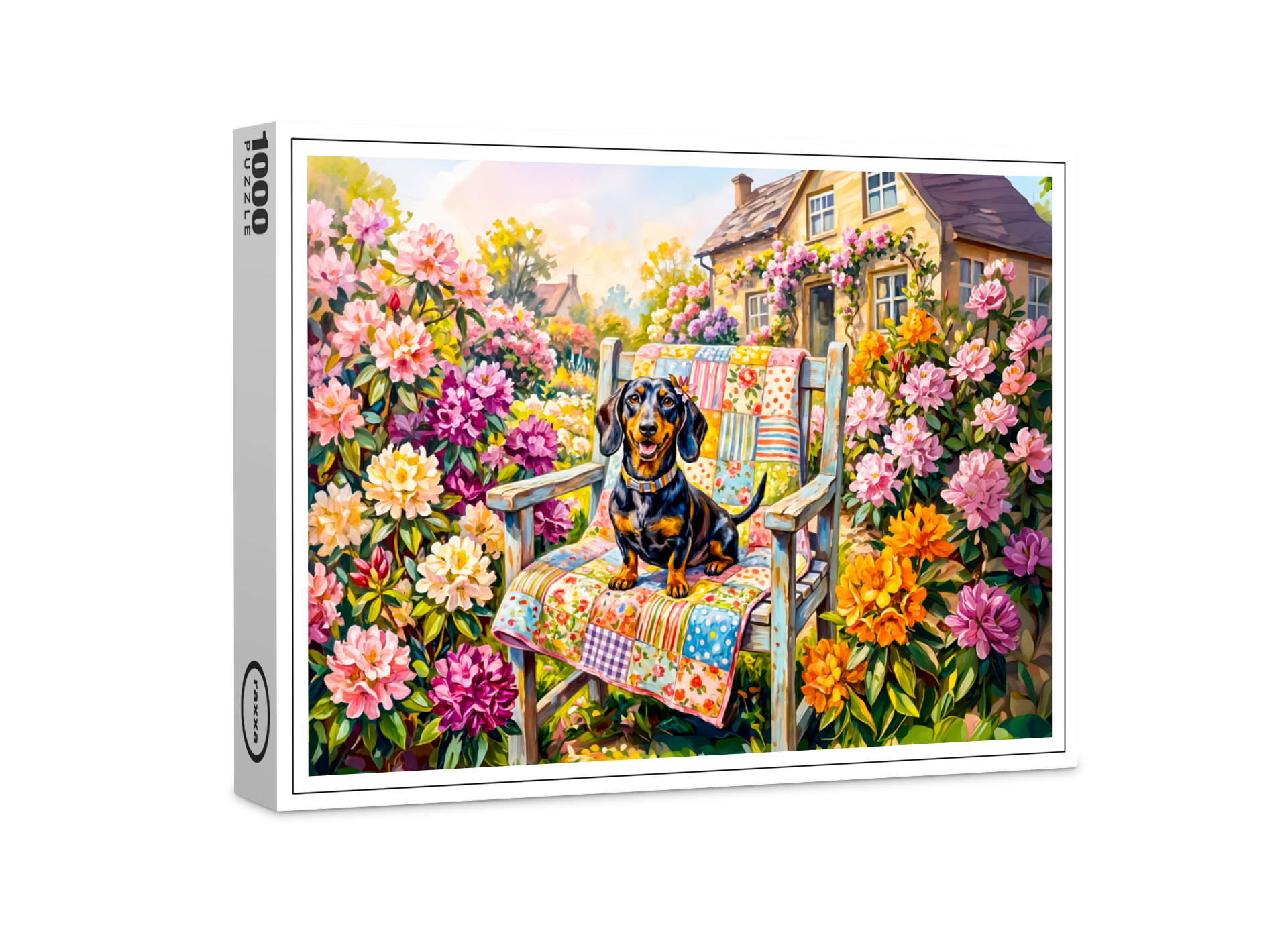 raxxa Premium-Puzzle: Dachshund Sitting on Floral Garden Bench Scene