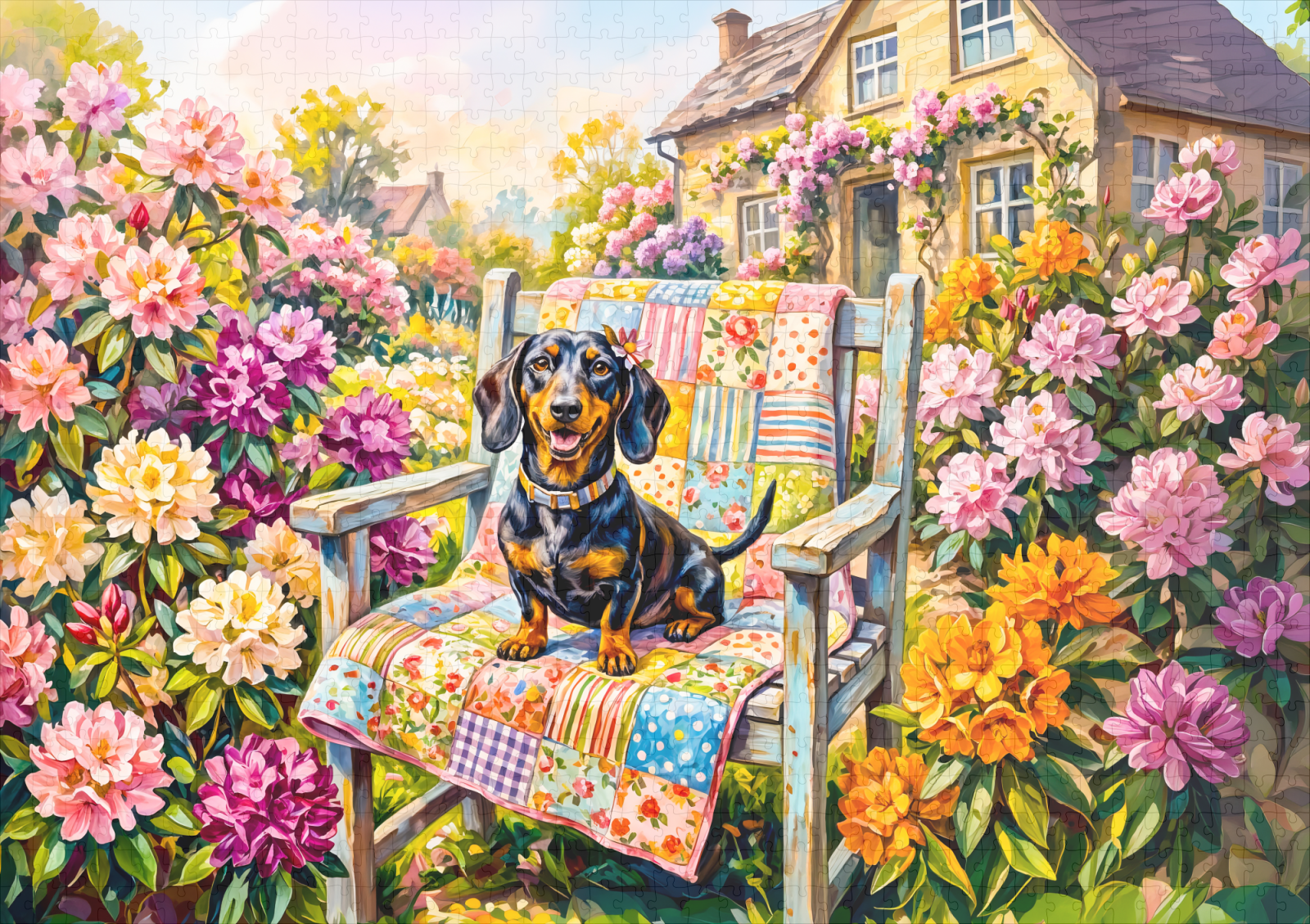 raxxa Premium-Puzzle: Dachshund Sitting on Floral Garden Bench Scene - Imagen 2