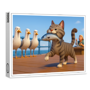 raxxa Premium-Puzzle: Erfolgreich gegen die Möwen durchgesetzt - Katze mit Fisch