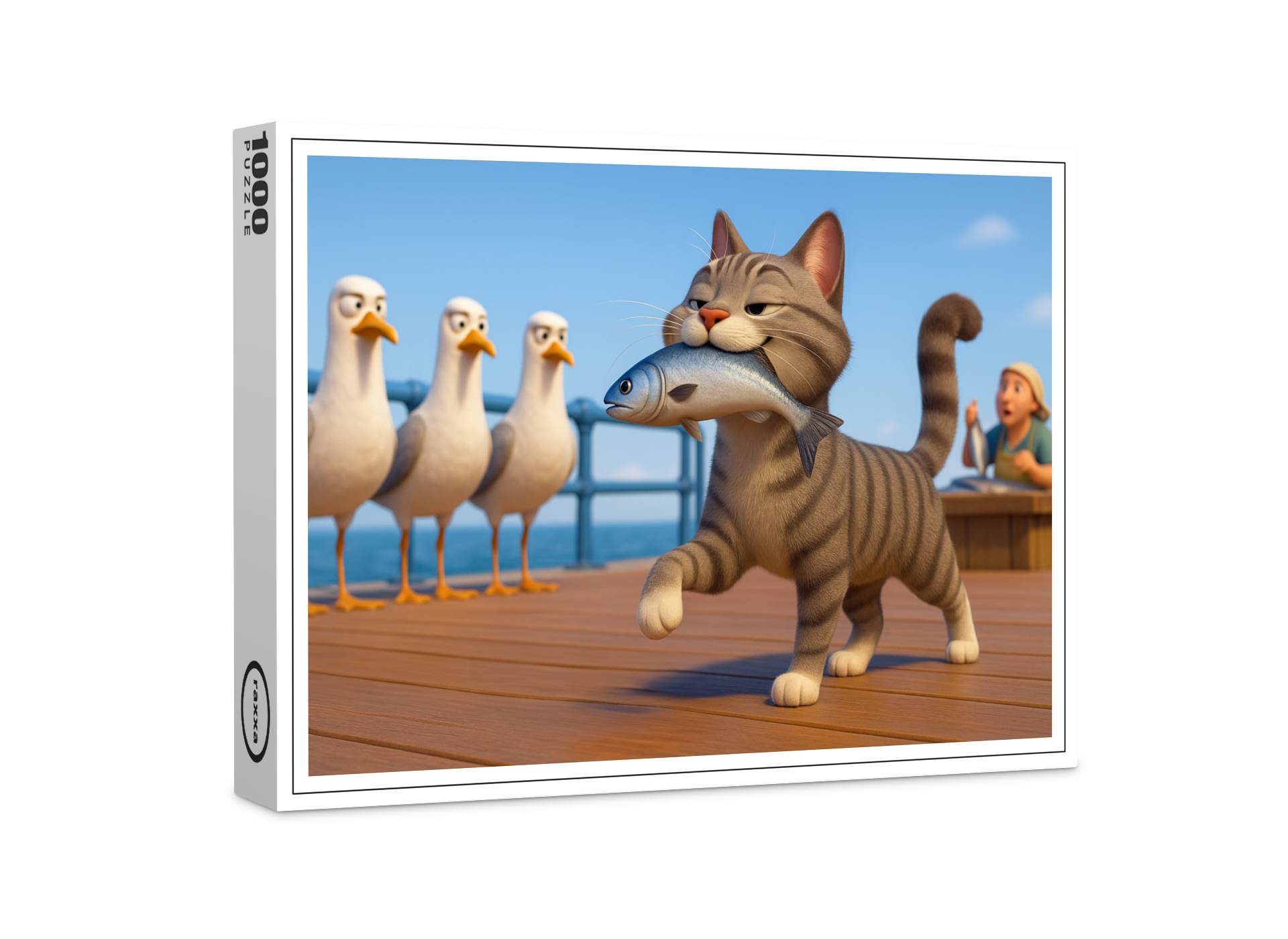 raxxa Premium-Puzzle: Erfolgreich gegen die Möwen durchgesetzt - Katze mit Fisch