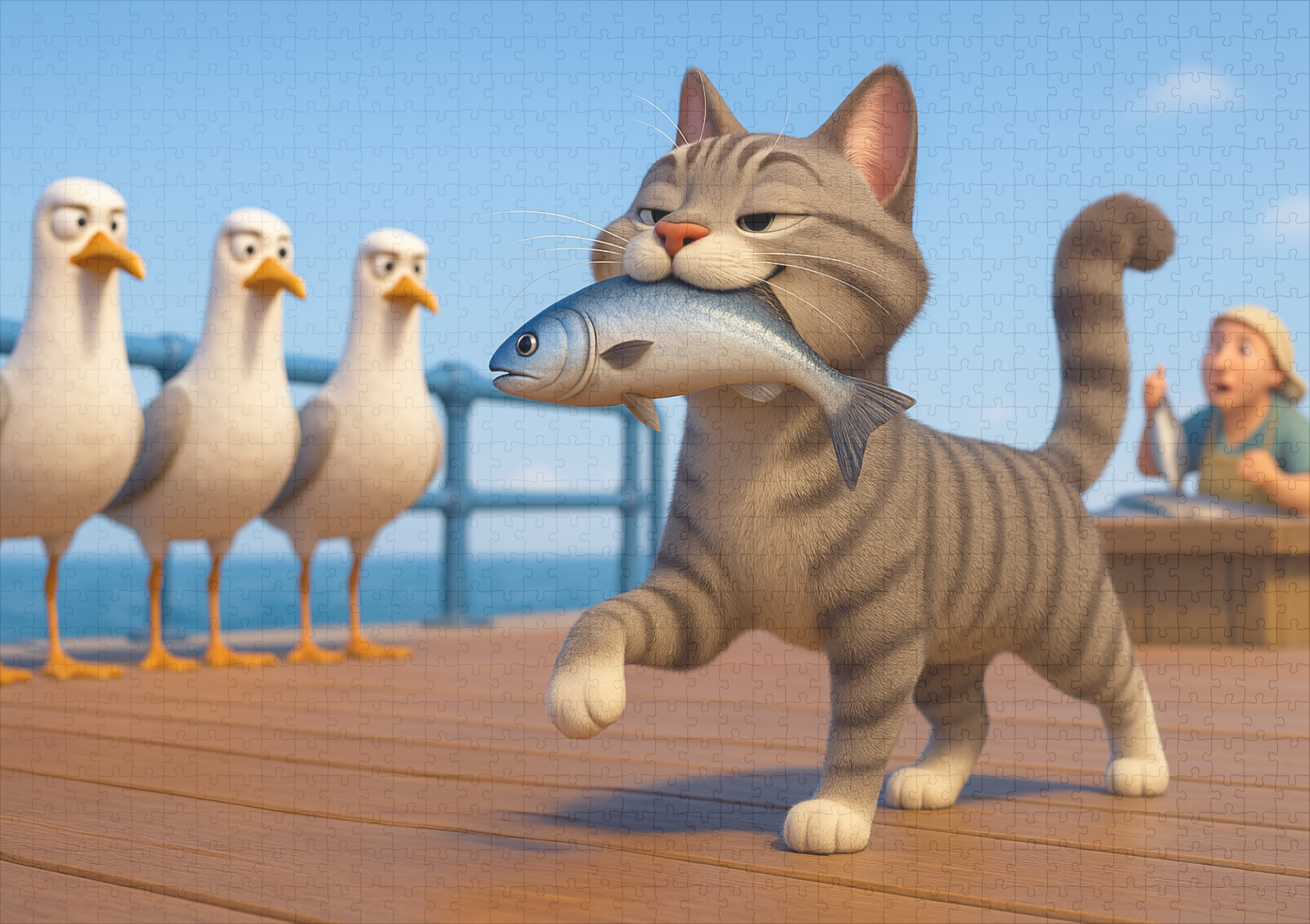 raxxa Premium-Puzzle: Erfolgreich gegen die Möwen durchgesetzt - Katze mit Fisch – Image 2