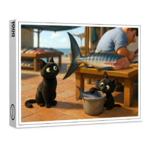raxxa Premium-Puzzle: DAS wäre ein gutes Abendessen. Katze mit Nachwuchs auf dem Fischmarkt