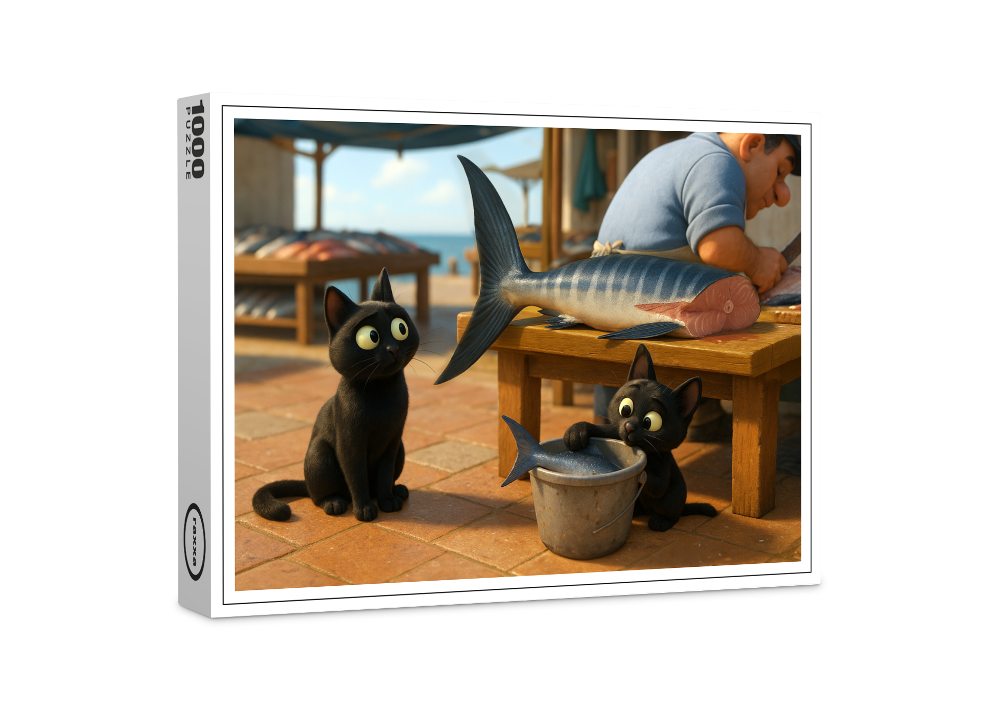 raxxa Premium-Puzzle: DAS wäre ein gutes Abendessen. Katze mit Nachwuchs auf dem Fischmarkt