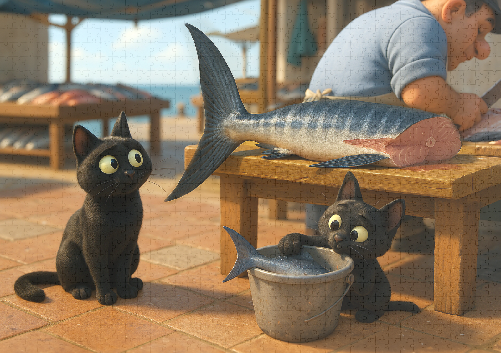 raxxa Premium-Puzzle: DAS wäre ein gutes Abendessen. Katze mit Nachwuchs auf dem Fischmarkt – Bild 2