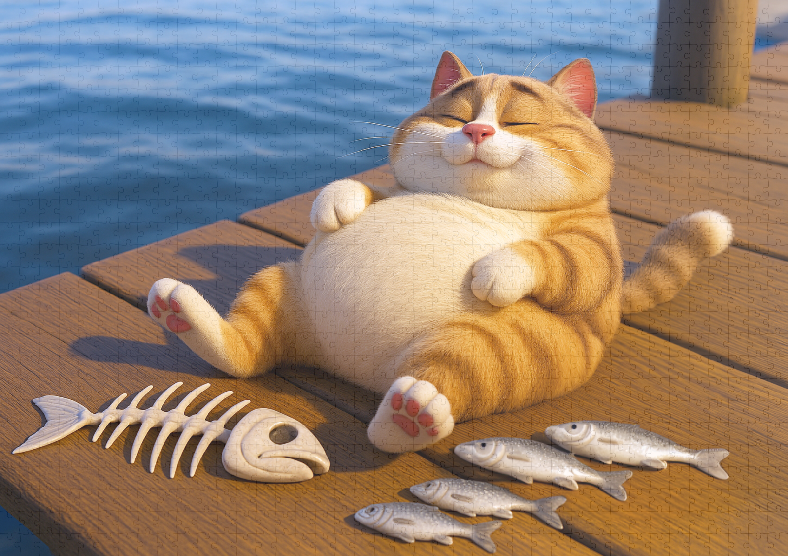 raxxa Premium-Puzzle: Endlich satt - dicker Kater mit Fisch - Imagen 2