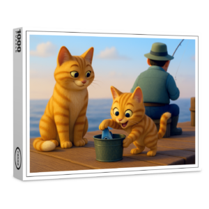 raxxa Premium-Puzzle: Und so klaut man erfolgreich Fisch. Katzenmutter unterrichtet ihren Nachwuchs
